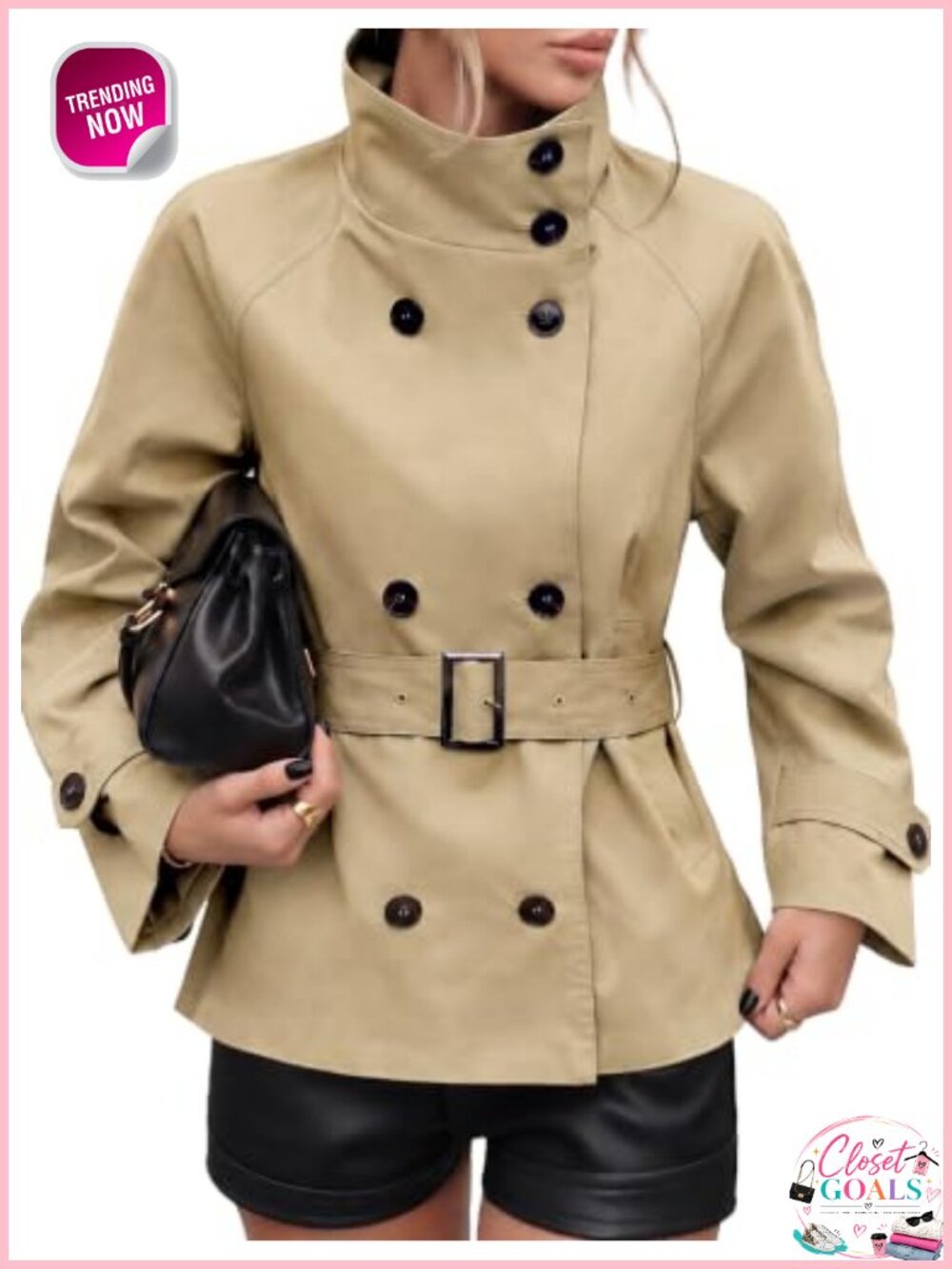 Womens Cropped Trench Coat Funnel Neck Belted Fall Jacket